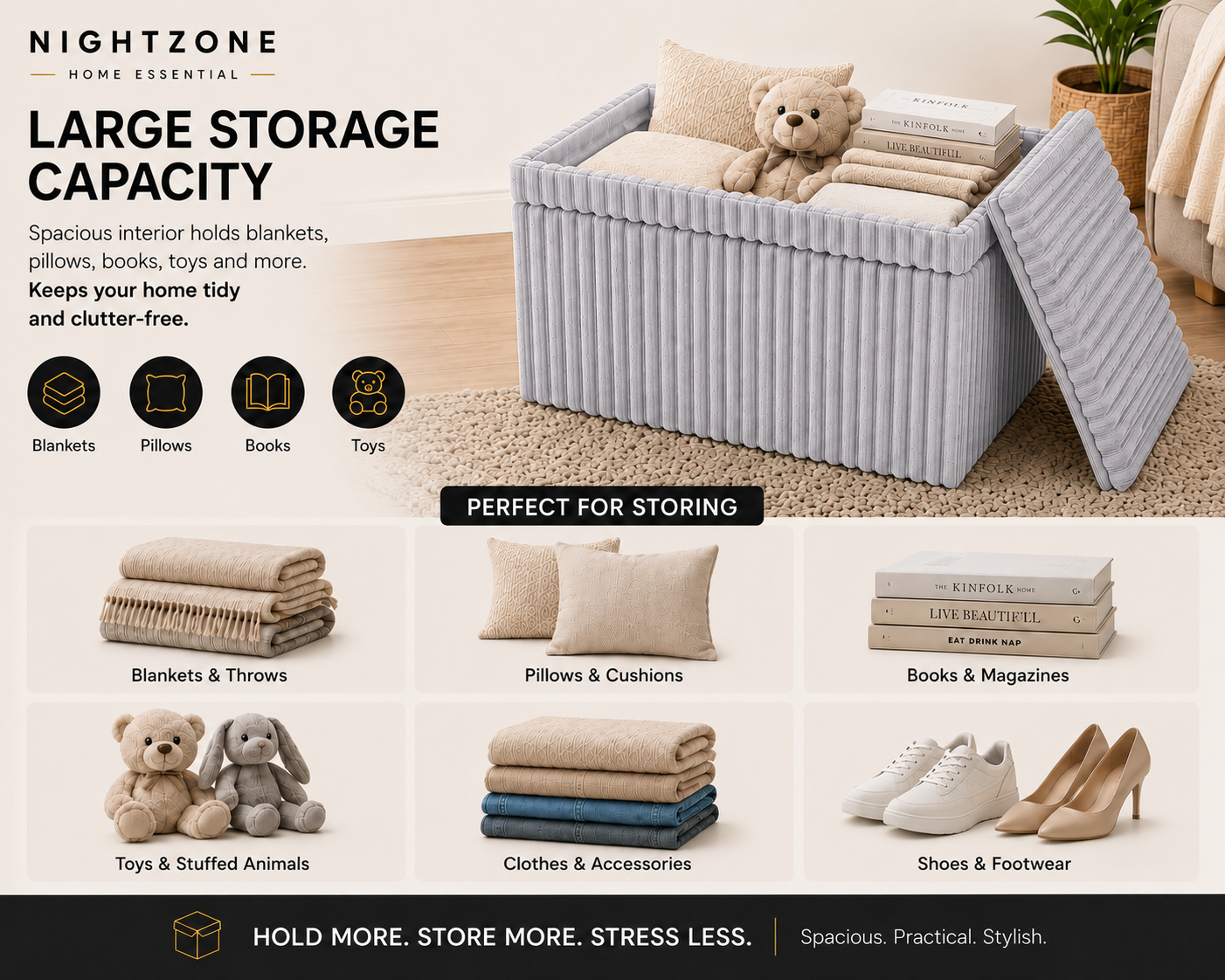 Corduroy Ribbed Foldable Storage Ottoman Box – Padded Storage Bench with Lid | Night Zone