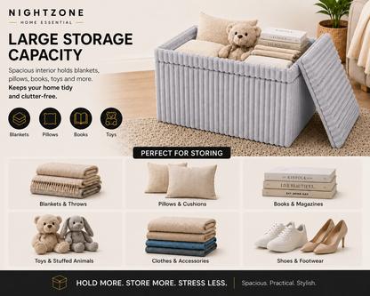 Corduroy Ribbed Foldable Storage Ottoman Box – Padded Storage Bench with Lid | Night Zone