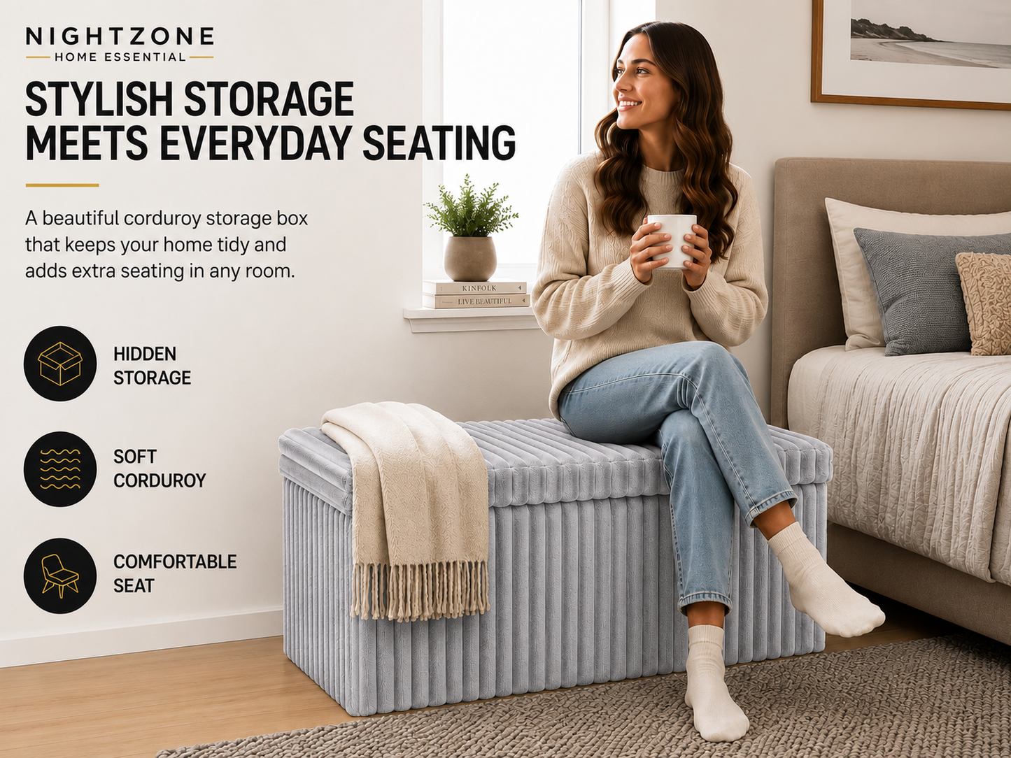 Corduroy Ribbed Foldable Storage Ottoman Box – Padded Storage Bench with Lid | Night Zone