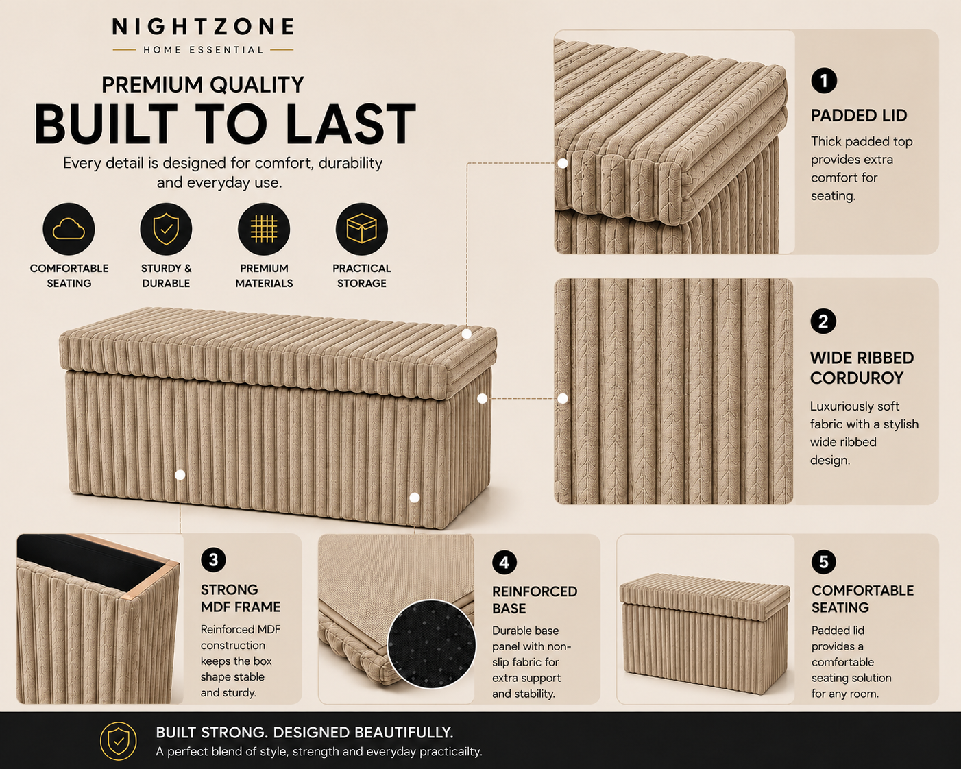 Corduroy Ribbed Foldable Storage Ottoman Box – Padded Storage Bench with Lid | Night Zone