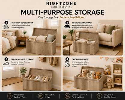 Corduroy Ribbed Foldable Storage Ottoman Box – Padded Storage Bench with Lid | Night Zone