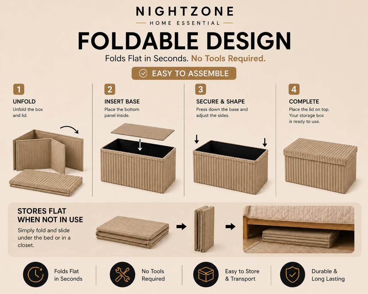 Corduroy Ribbed Foldable Storage Ottoman Box – Padded Storage Bench with Lid | Night Zone