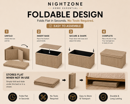 Corduroy Ribbed Foldable Storage Ottoman Box – Padded Storage Bench with Lid | Night Zone
