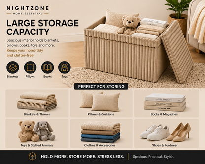 Corduroy Ribbed Foldable Storage Ottoman Box – Padded Storage Bench with Lid | Night Zone