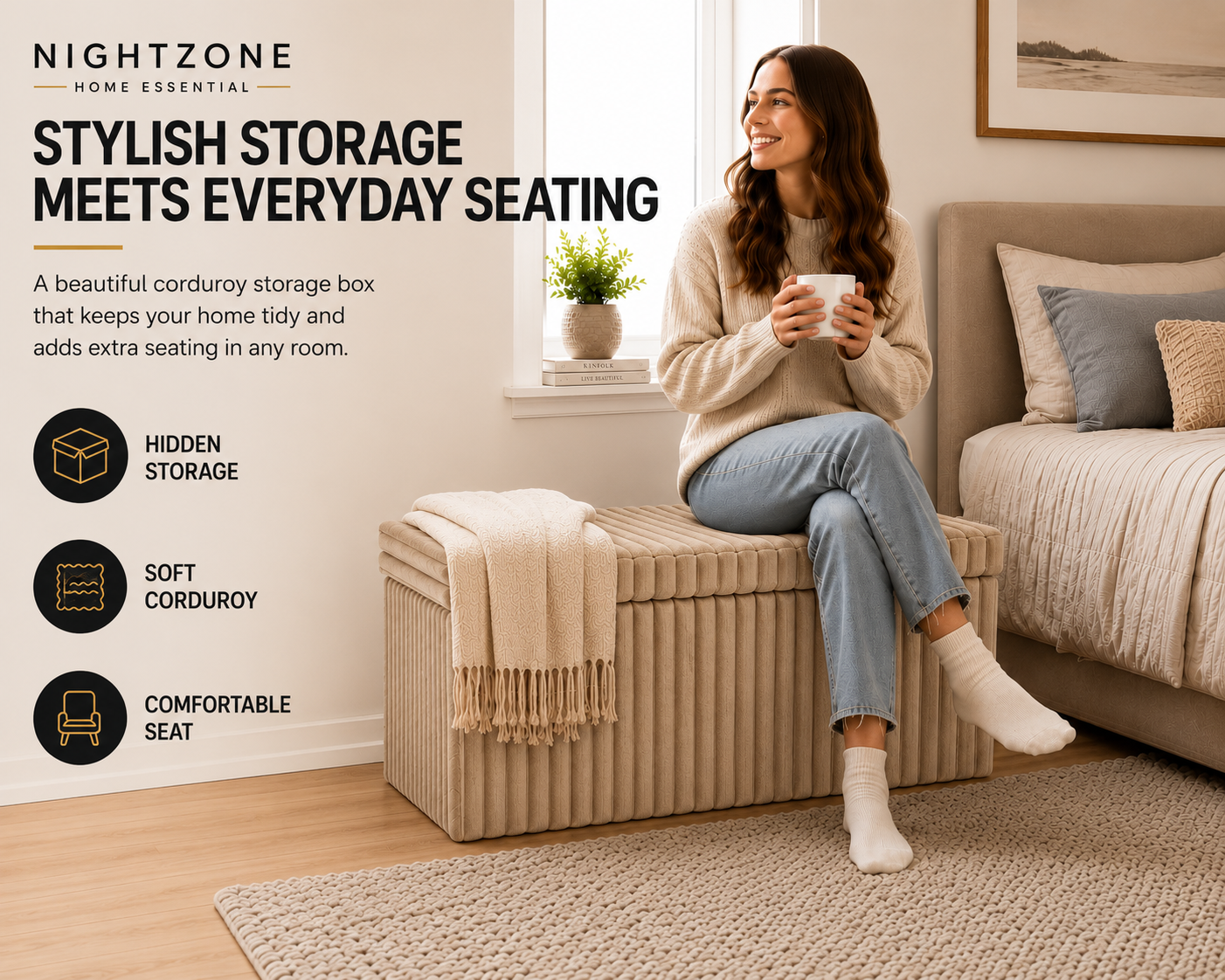 Corduroy Ribbed Foldable Storage Ottoman Box – Padded Storage Bench with Lid | Night Zone