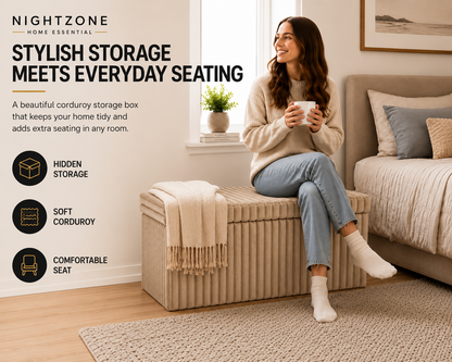 Corduroy Ribbed Foldable Storage Ottoman Box – Padded Storage Bench with Lid | Night Zone