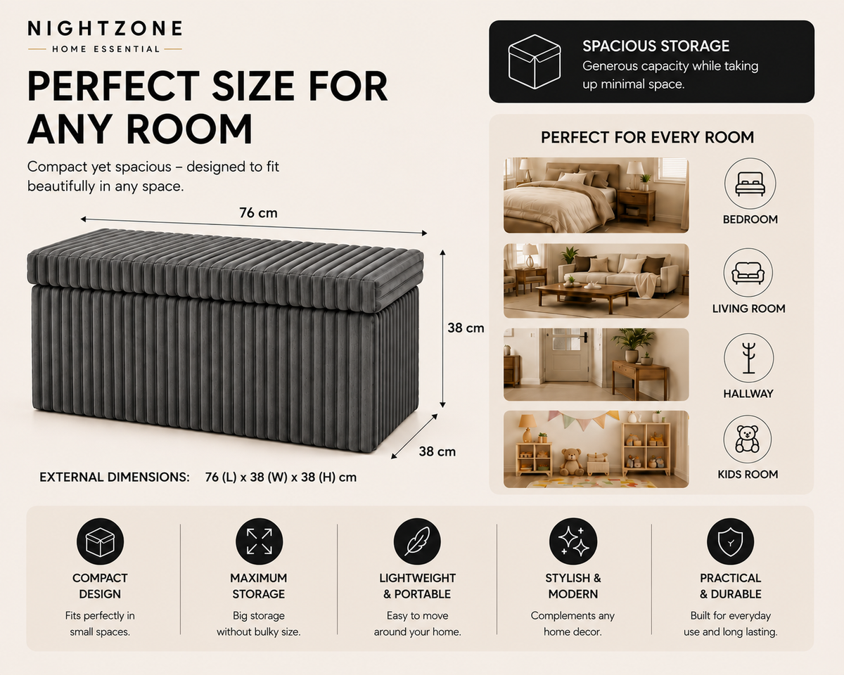 Corduroy Ribbed Foldable Storage Ottoman Box – Padded Storage Bench with Lid | Night Zone