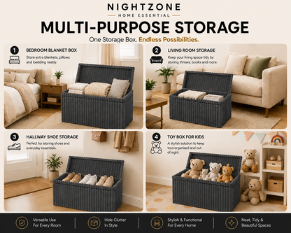 Corduroy Ribbed Foldable Storage Ottoman Box – Padded Storage Bench with Lid | Night Zone