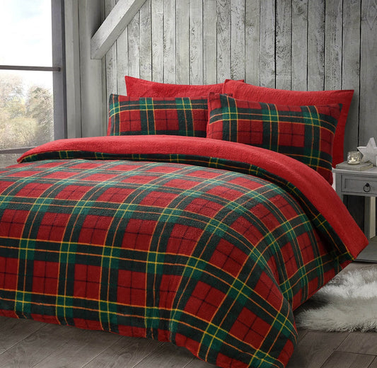 Teddy Bear Fleece Tartan Check Duvet Cover Set – Warm Winter Bedding | Night Zone