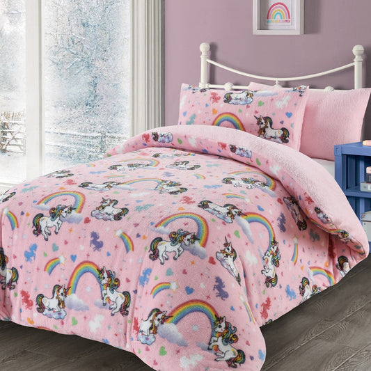 Unicorn Teddy Bear Fleece Duvet Cover Set – Pink Soft Cosy Bedding | Night Zone