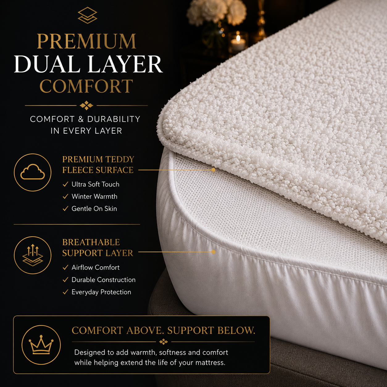 Teddy Bear Fleece Mattress Protector 30cm Deep – Soft Warm Under Fleece Bedding | Night Zone