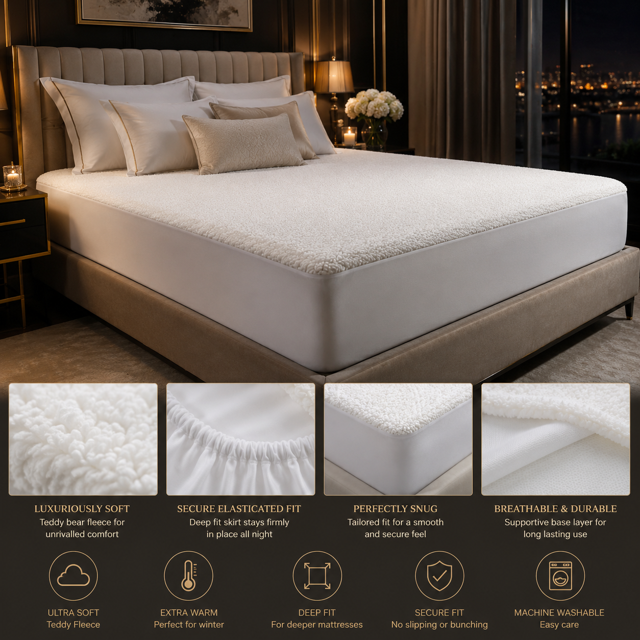 Teddy Bear Fleece Mattress Protector 30cm Deep – Soft Warm Under Fleece Bedding | Night Zone