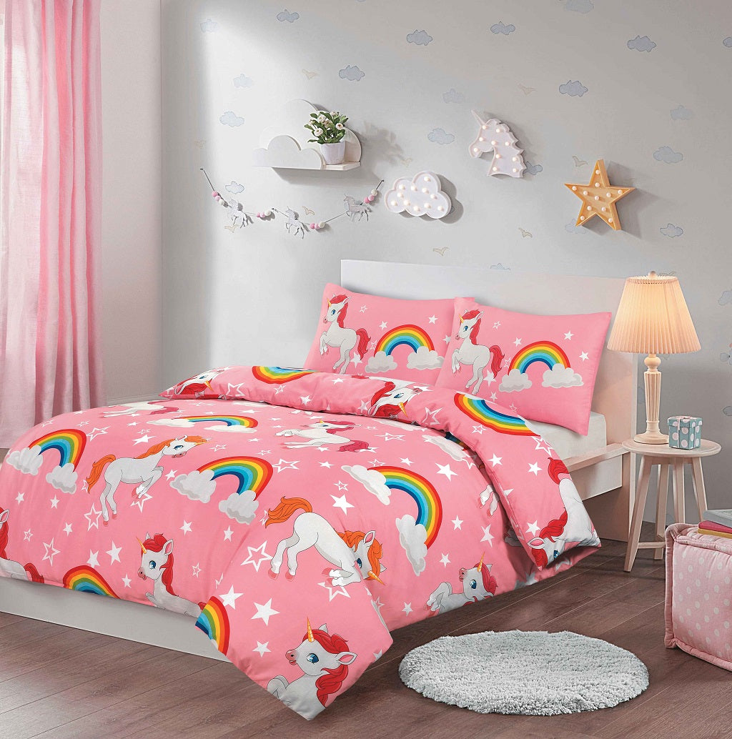 Rainbow Unicorn Reversible Duvet Cover Set – Magical Kids Unicorn Quilt Cover Bedding | Night Zone