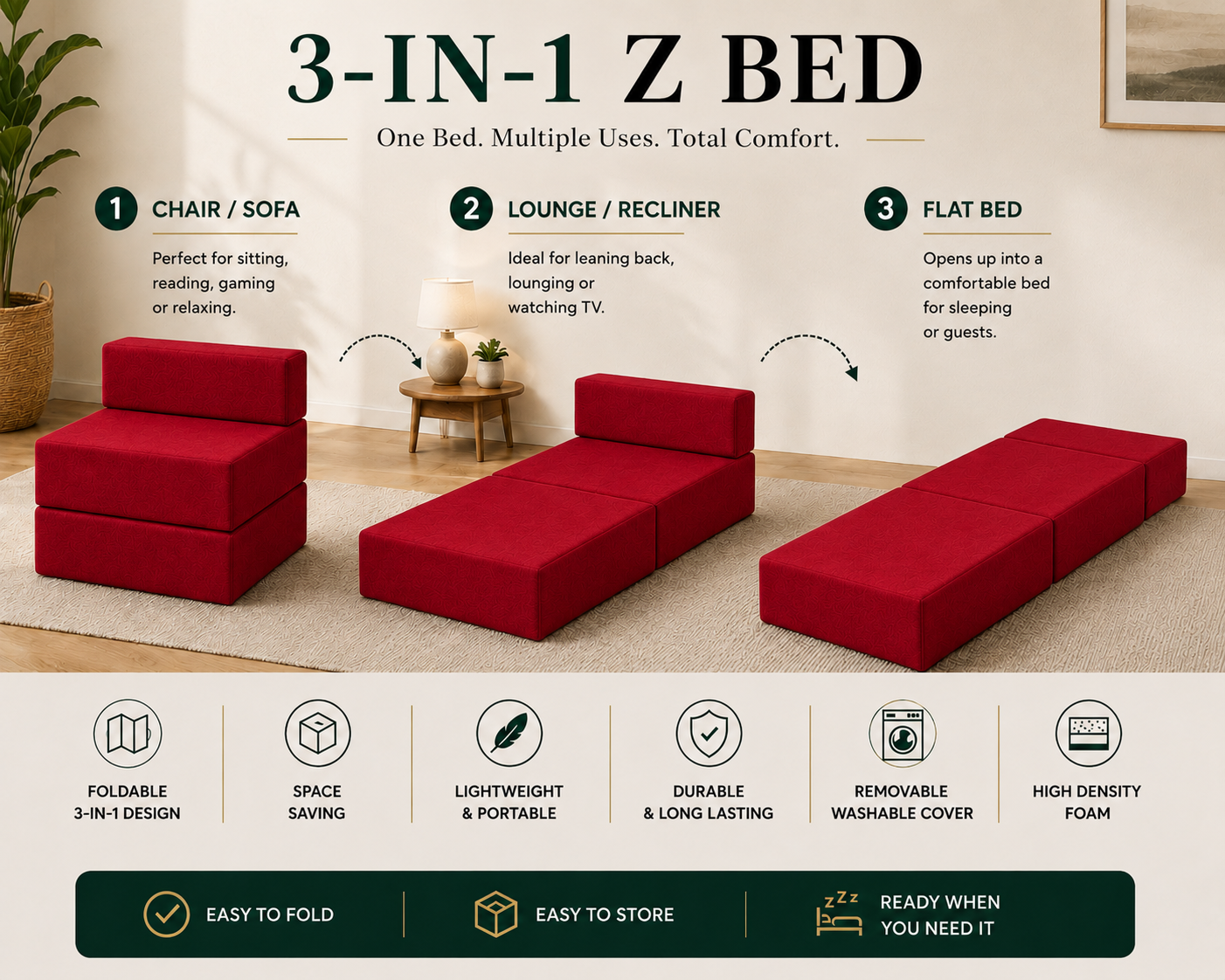 Z Bed Convertible Folding Sofa Bed Chair – 3-in-1 Foam Floor Lounger & Guest Mattress | Night Zone