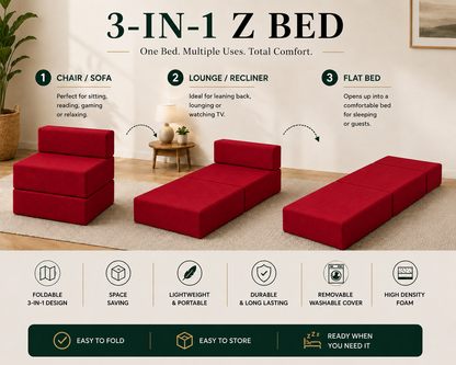 Z Bed Convertible Folding Sofa Bed Chair – 3-in-1 Foam Floor Lounger & Guest Mattress | Night Zone