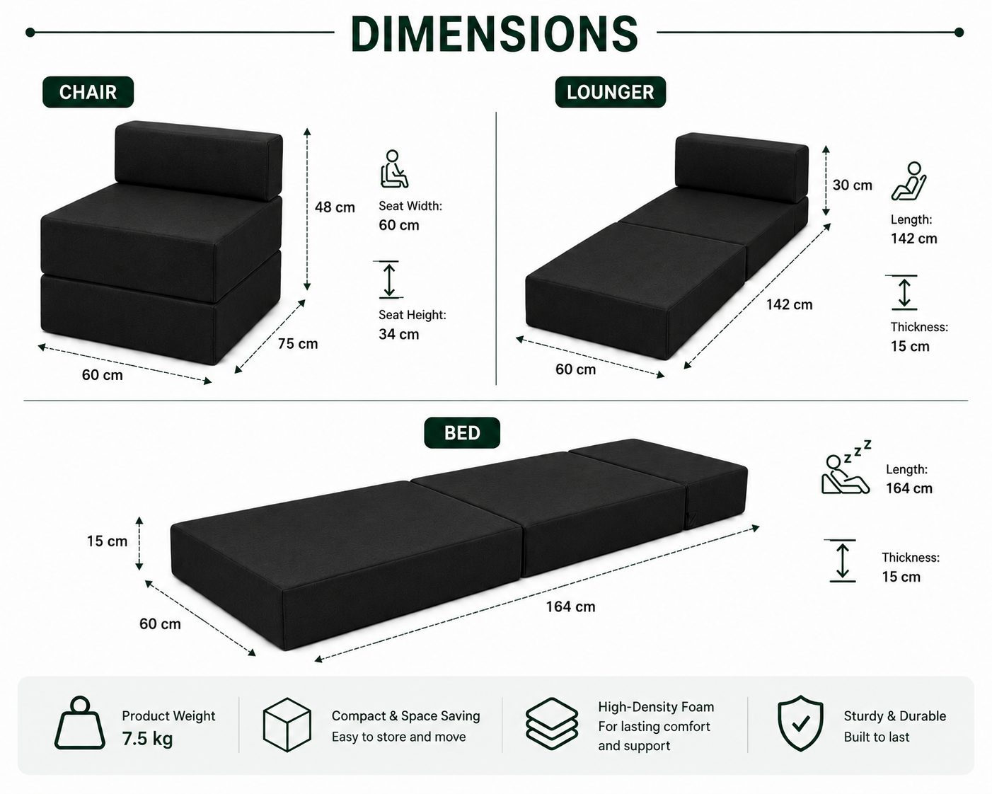 Z Bed Convertible Folding Sofa Bed Chair – 3-in-1 Foam Floor Lounger & Guest Mattress | Night Zone