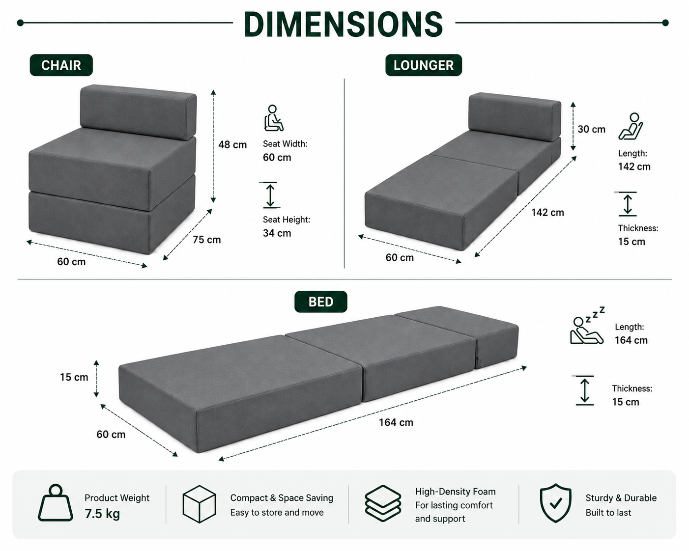 Z Bed Convertible Folding Sofa Bed Chair – 3-in-1 Foam Floor Lounger & Guest Mattress | Night Zone
