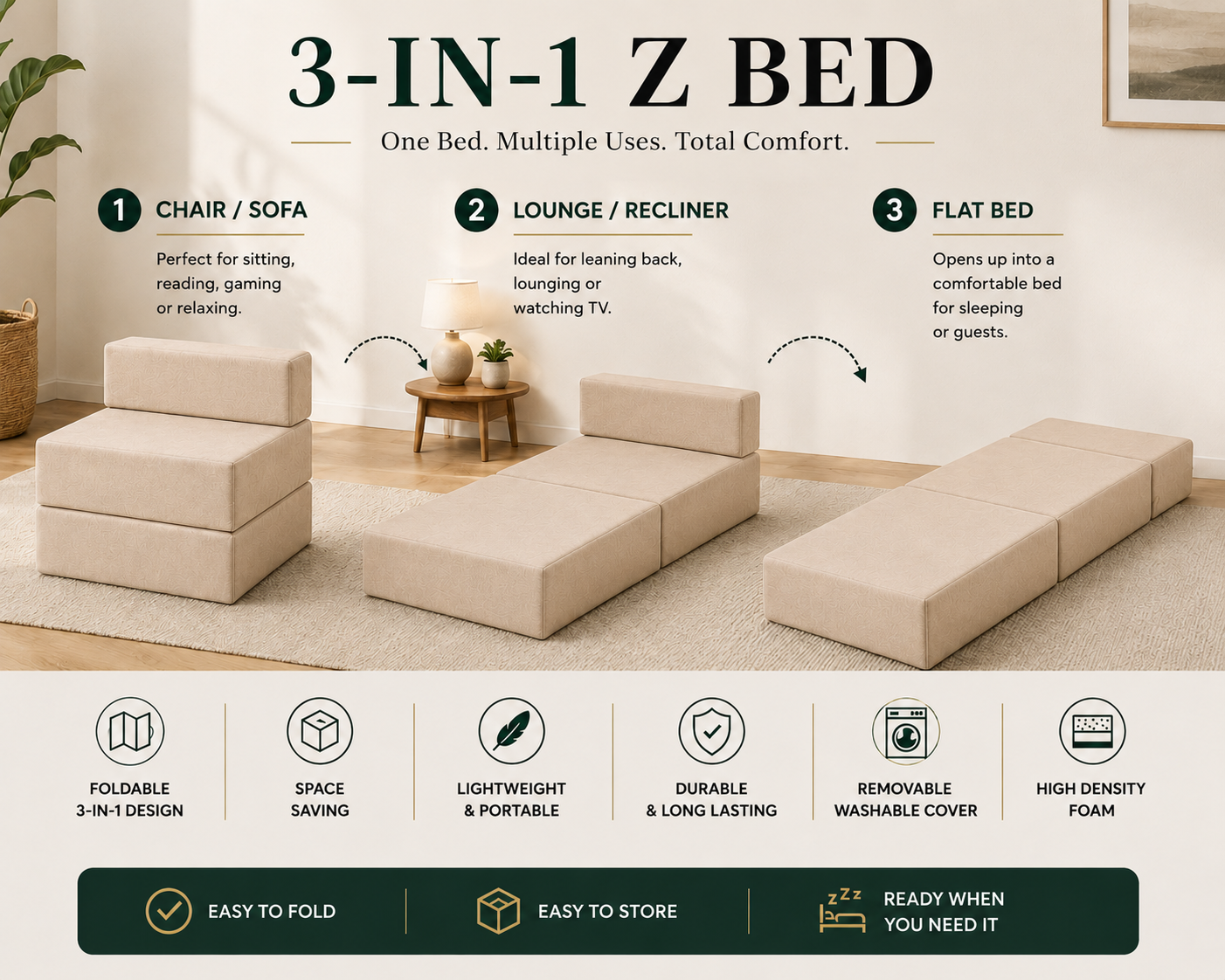 Z Bed Convertible Folding Sofa Bed Chair – 3-in-1 Foam Floor Lounger & Guest Mattress | Night Zone