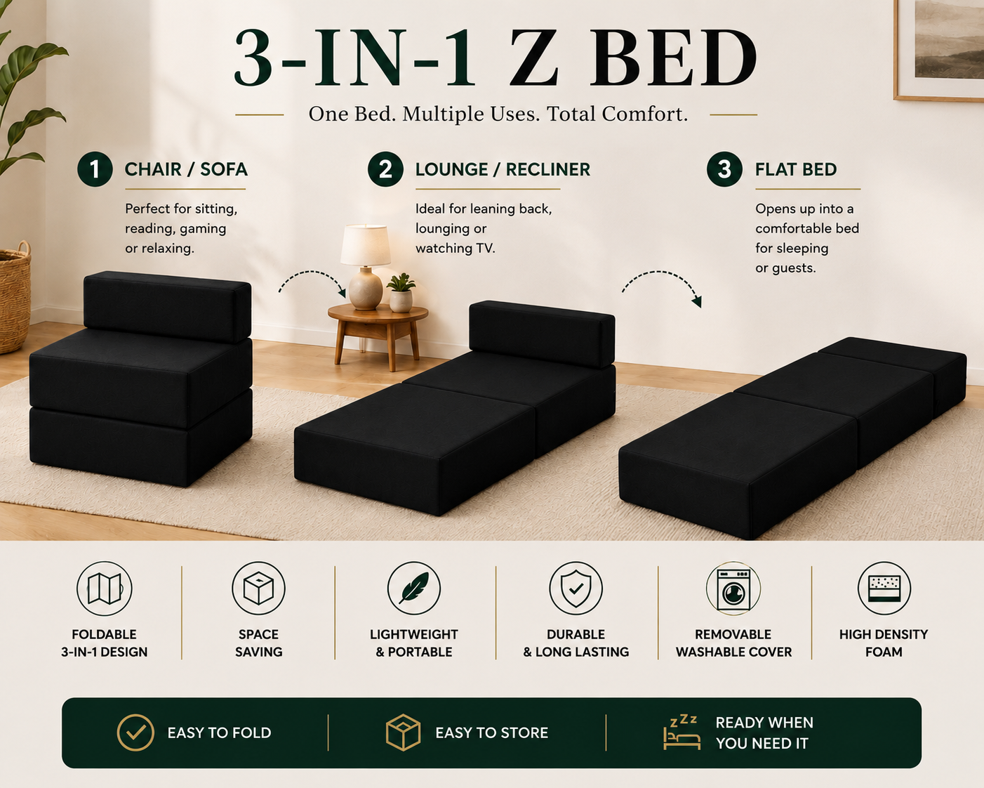 Z Bed Convertible Folding Sofa Bed Chair – 3-in-1 Foam Floor Lounger & Guest Mattress | Night Zone