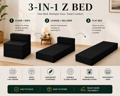 Z Bed Convertible Folding Sofa Bed Chair – 3-in-1 Foam Floor Lounger & Guest Mattress | Night Zone