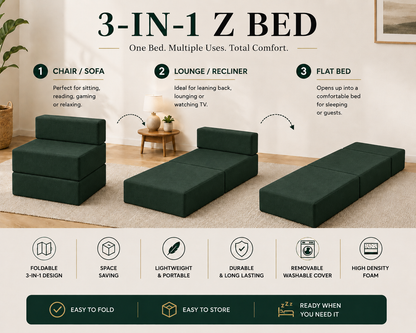 Z Bed Convertible Folding Sofa Bed Chair – 3-in-1 Foam Floor Lounger & Guest Mattress | Night Zone