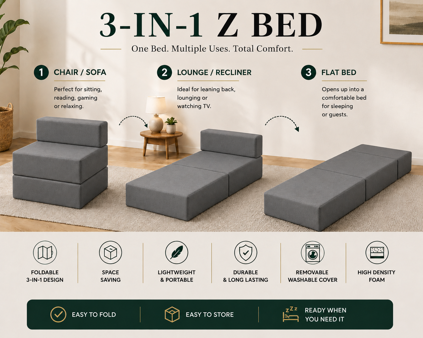Z Bed Convertible Folding Sofa Bed Chair – 3-in-1 Foam Floor Lounger & Guest Mattress | Night Zone