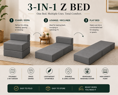 Z Bed Convertible Folding Sofa Bed Chair – 3-in-1 Foam Floor Lounger & Guest Mattress | Night Zone