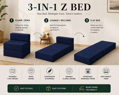 Z Bed Convertible Folding Sofa Bed Chair – 3-in-1 Foam Floor Lounger & Guest Mattress | Night Zone