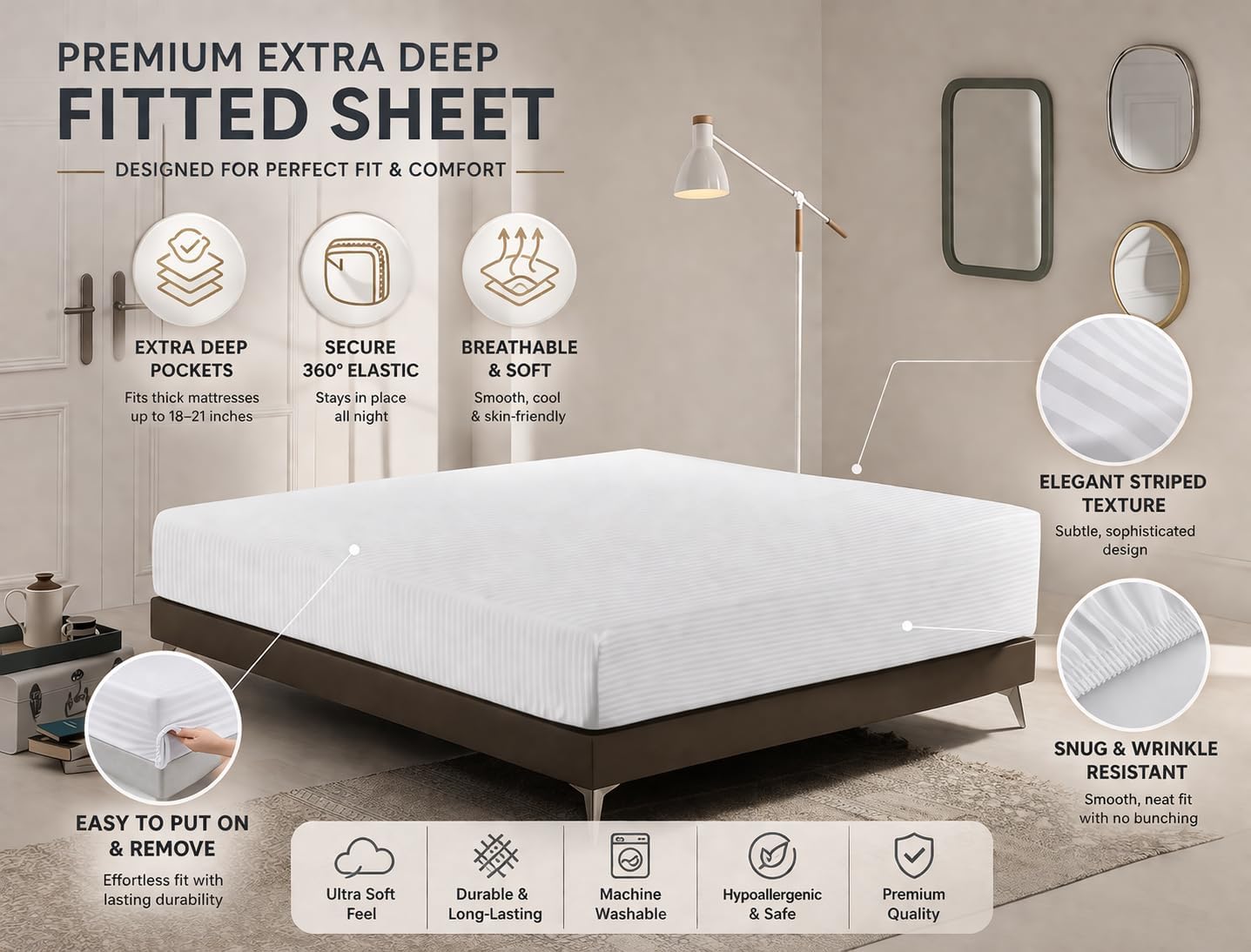 Microfiber Embossed Stripe Extra Deep Fitted Sheet 40cm – Brushed Soft Fitted Bed Sheet | Night Zone