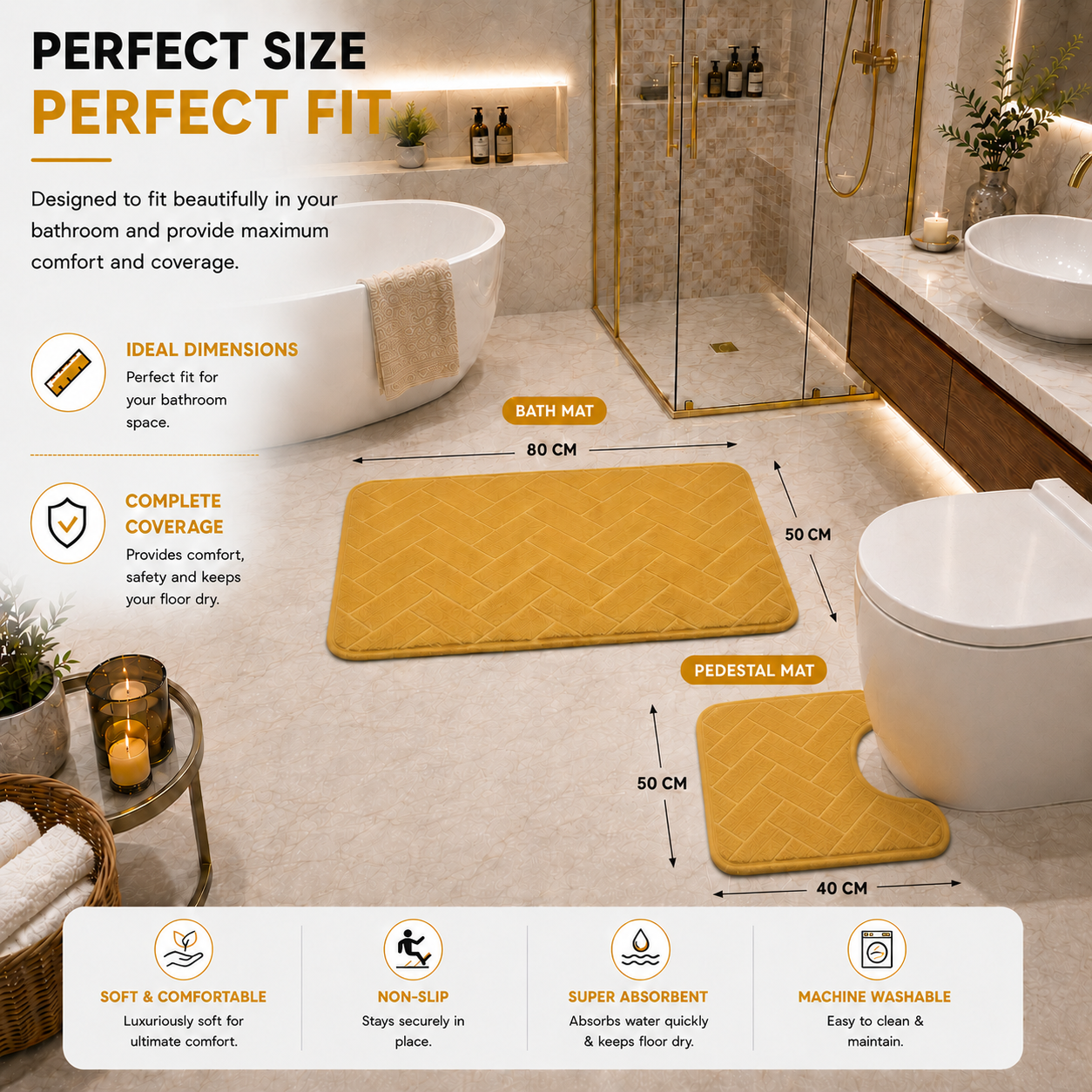 Memory Foam Bath Mat Set – Block Bricks Non Slip Bathroom Rug | Night Zone