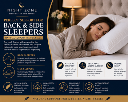 Duck Feather & Down Pillows Pair – 85% Feather 15% Down Filling with 100% Cotton Cover | Night Zone