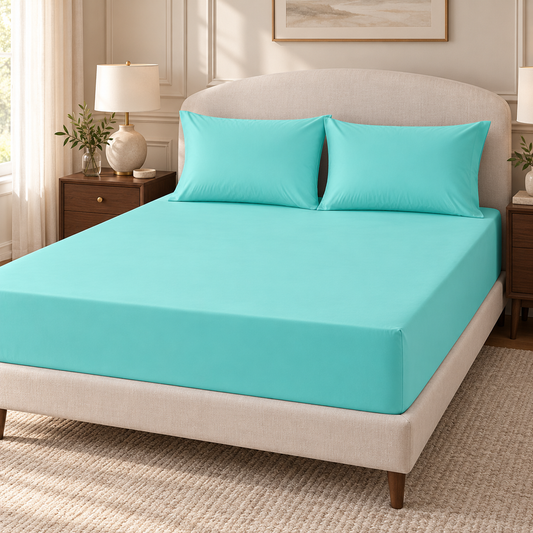 200 Thread Count Egyptian Cotton Fitted Sheet 30cm Deep – Aqua in a luxury bedroom