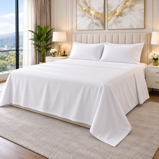 White 400 thread count Egyptian cotton flat sheet draped on a bed in a luxury bedroom