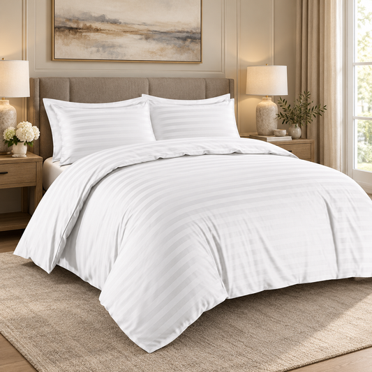 White 400TC Satin Stripe Egyptian Cotton Duvet Cover Set
