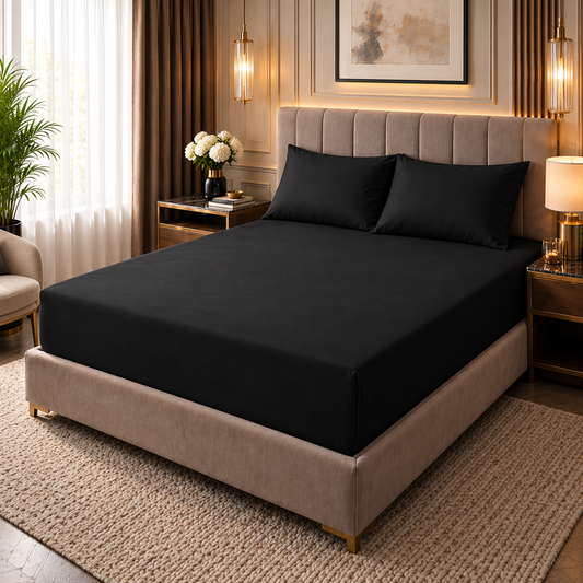 180 Thread Count Percale Fitted Sheet 25cm Deep – Black in a luxury bedroom