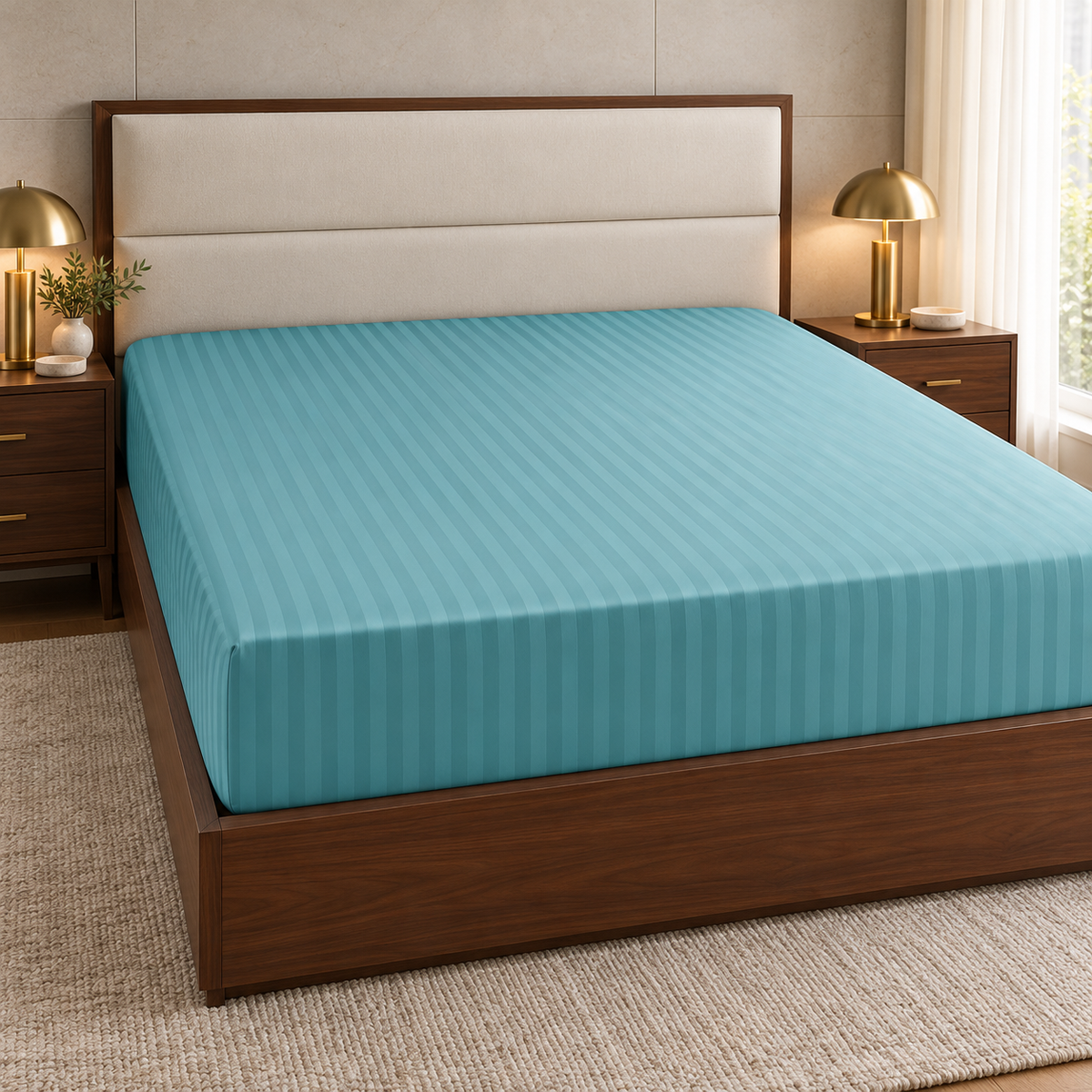 250 Thread Count Satin Stripe Extra Deep Fitted Sheet 30cm (12") – Aqua in a luxury bedroom