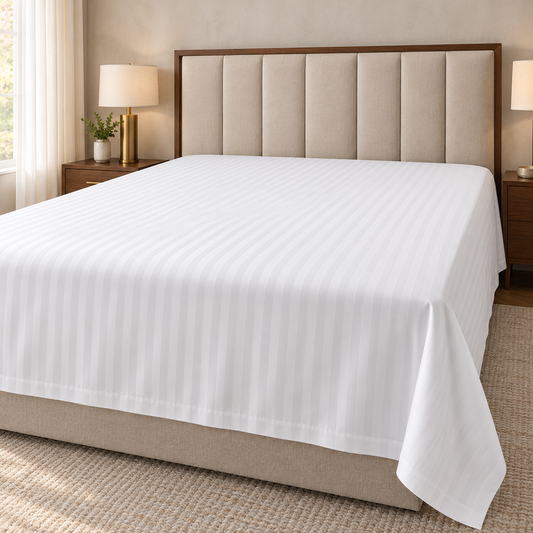 250 Thread Count Satin Stripe 100% Cotton Flat Sheet – White in a luxury bedroom