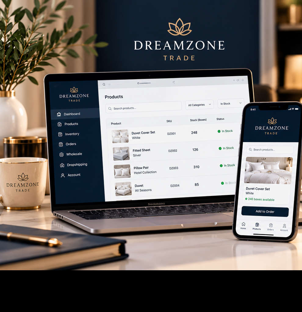 Dreamzone trade platform laptop and mobile showing wholesale ordering and live box stock inventory