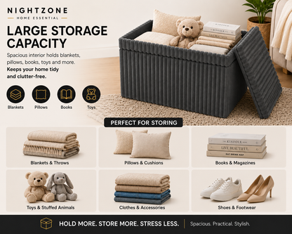 Corduroy Ribbed Foldable Storage Ottoman Box – Padded Storage Bench with Lid | Night Zone