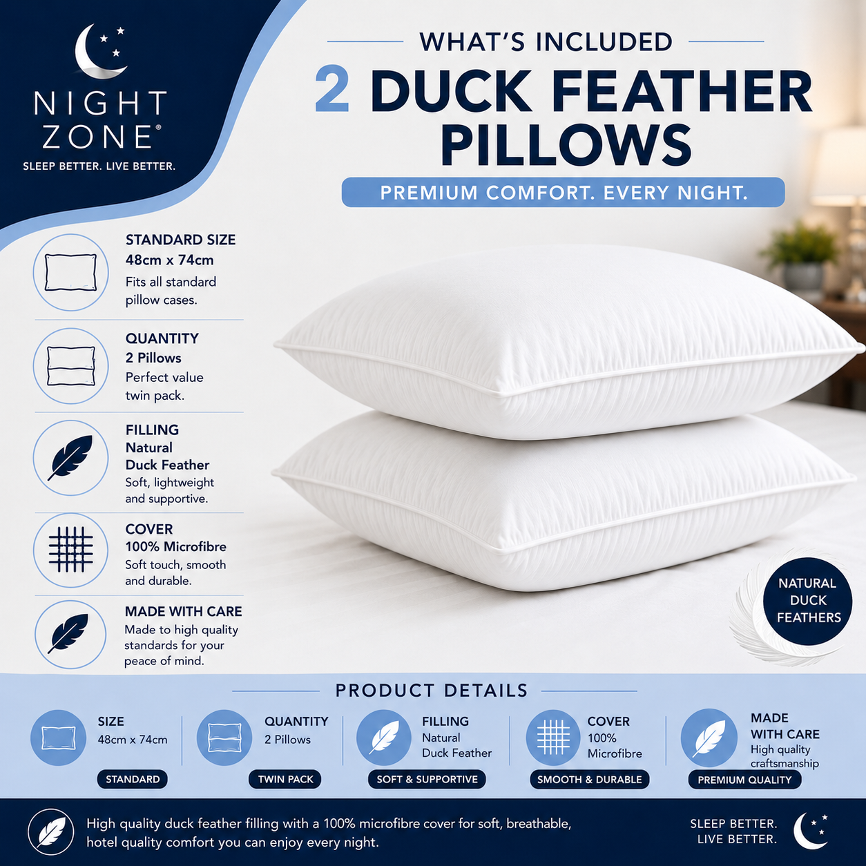 Duck Feather & Down Pillows Pair – 85% Feather 15% Down Filling with 100% Microfiber Cover | Night Zone