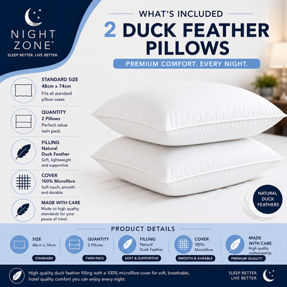 Duck Feather & Down Pillows Pair – 85% Feather 15% Down Filling with 100% Microfiber Cover | Night Zone