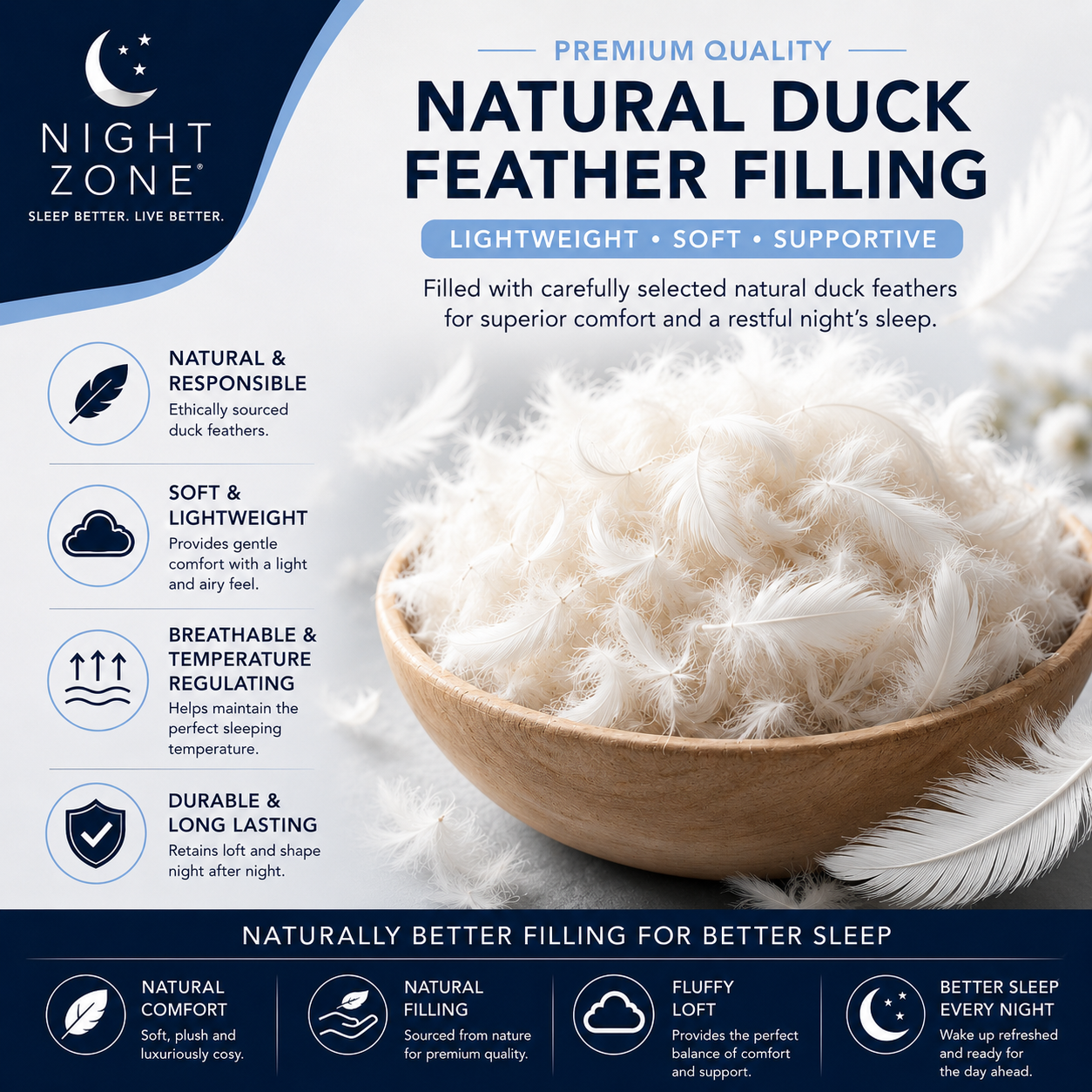 Duck Feather & Down Pillows Pair – 85% Feather 15% Down Filling with 100% Microfiber Cover | Night Zone