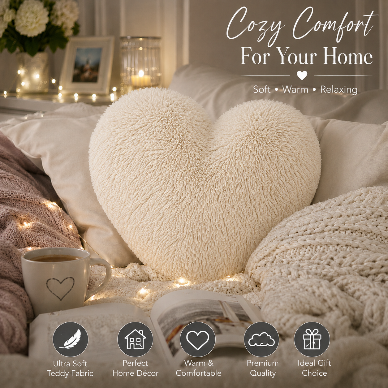 Teddy Cuddles Heart Shape Teddy Fleece Cushion – Soft Filled Decorative Cushion | Night Zone