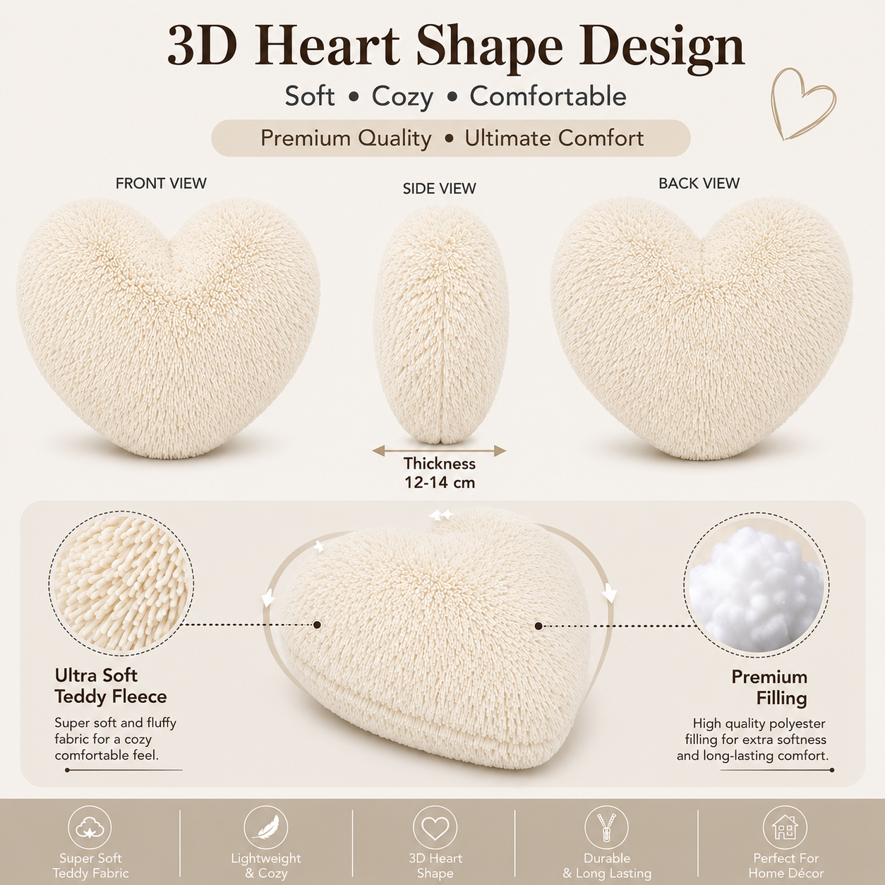 Teddy Cuddles Heart Shape Teddy Fleece Cushion – Soft Filled Decorative Cushion | Night Zone