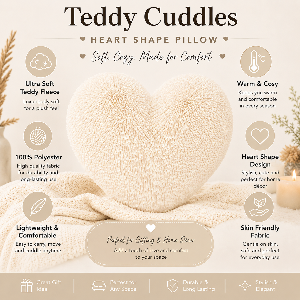 Teddy Cuddles Heart Shape Teddy Fleece Cushion – Soft Filled Decorative Cushion | Night Zone