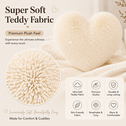 Teddy Cuddles Heart Shape Teddy Fleece Cushion – Soft Filled Decorative Cushion | Night Zone