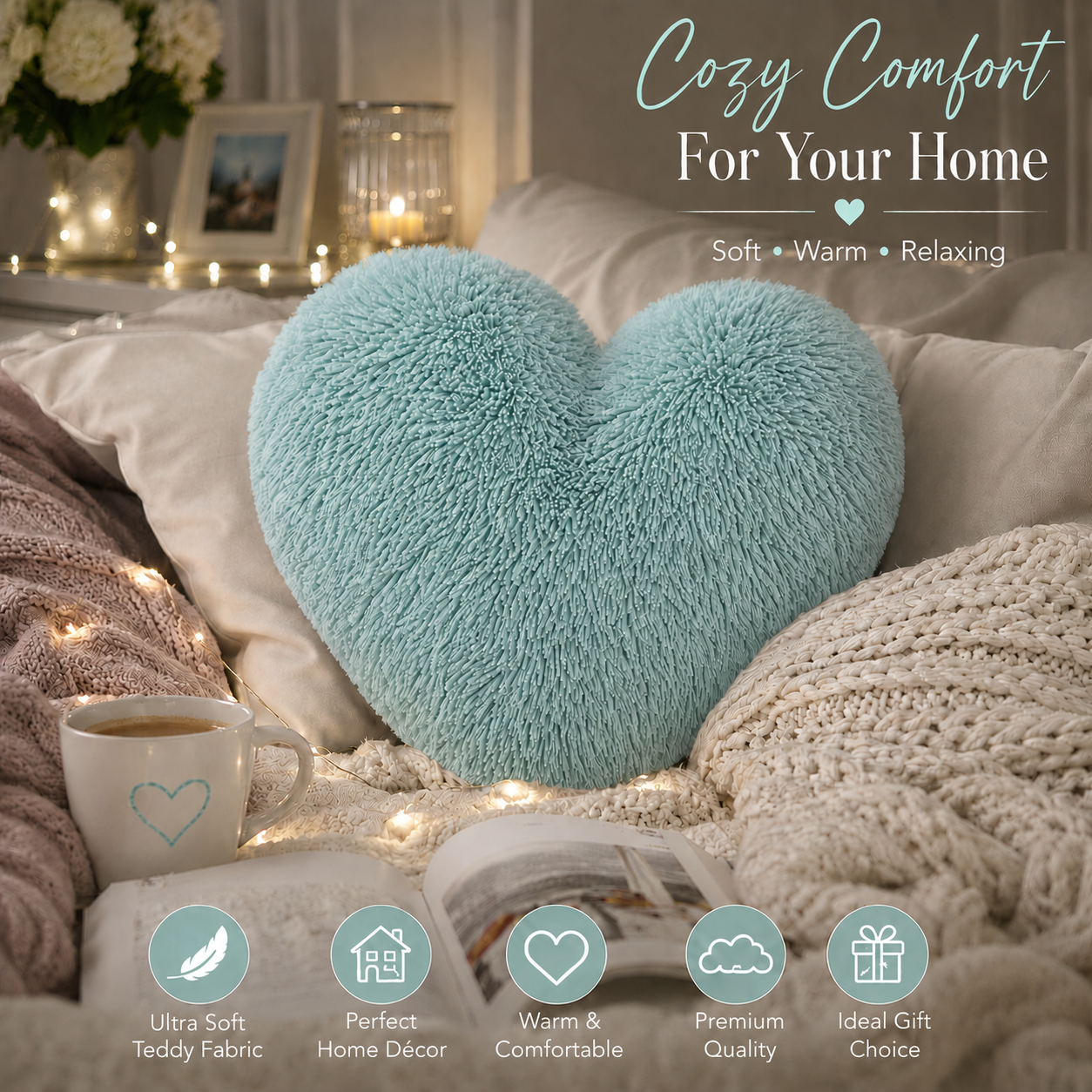 Teddy Cuddles Heart Shape Teddy Fleece Cushion – Soft Filled Decorative Cushion | Night Zone