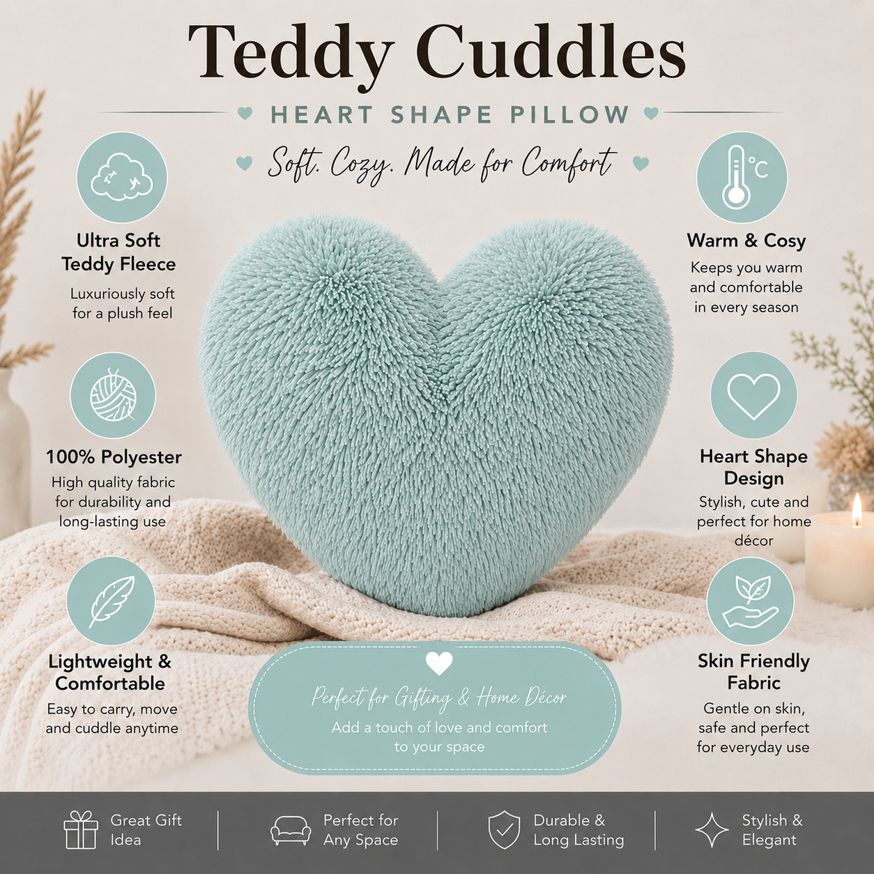 Teddy Cuddles Heart Shape Teddy Fleece Cushion – Soft Filled Decorative Cushion | Night Zone