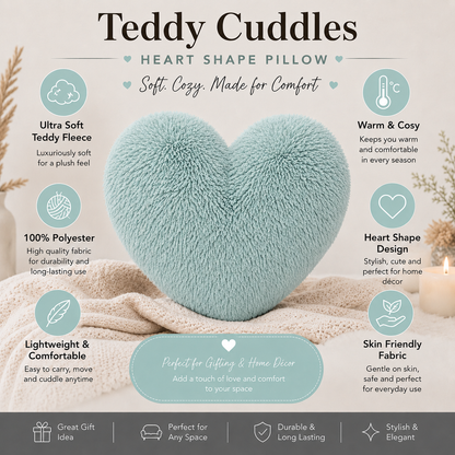 Teddy Cuddles Heart Shape Teddy Fleece Cushion – Soft Filled Decorative Cushion | Night Zone
