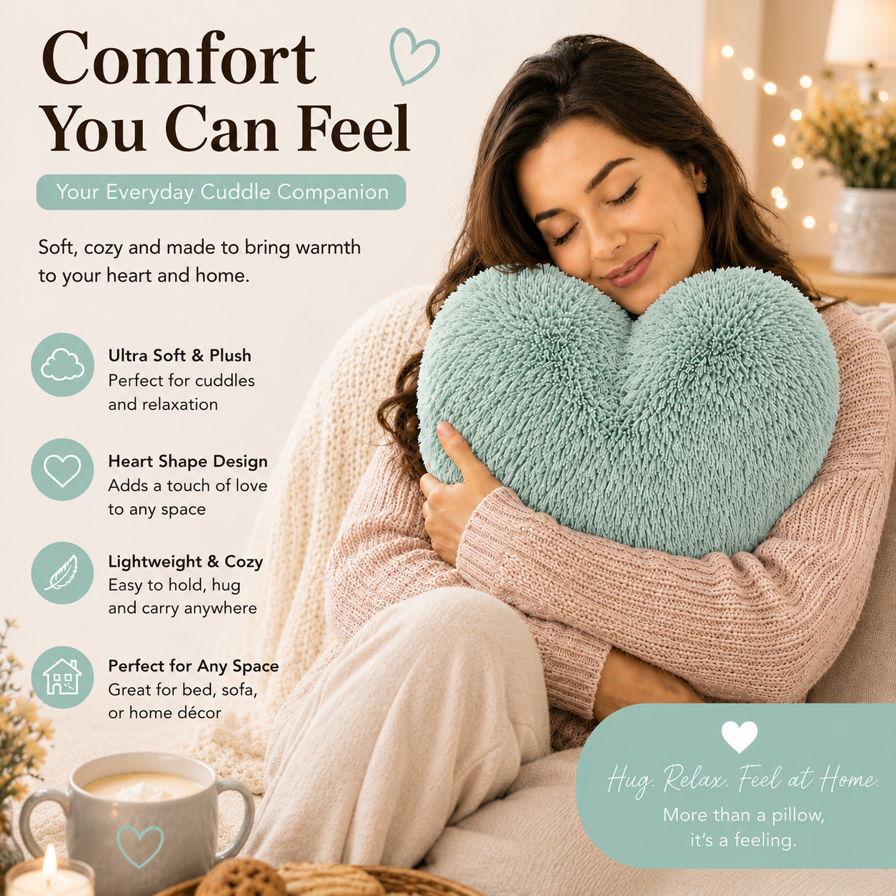 Teddy Cuddles Heart Shape Teddy Fleece Cushion – Soft Filled Decorative Cushion | Night Zone